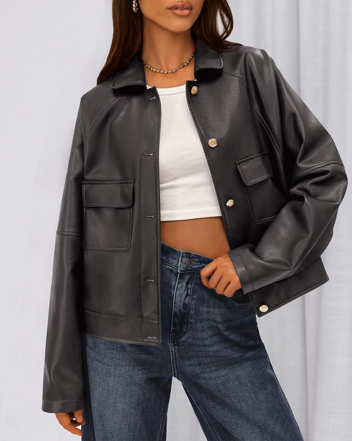 imageBTFBM Leather Jacket Women Fall Clothes 2025 Long Sleeve Button Down Winter Coats Oversized Motorcycle OutwearGrey