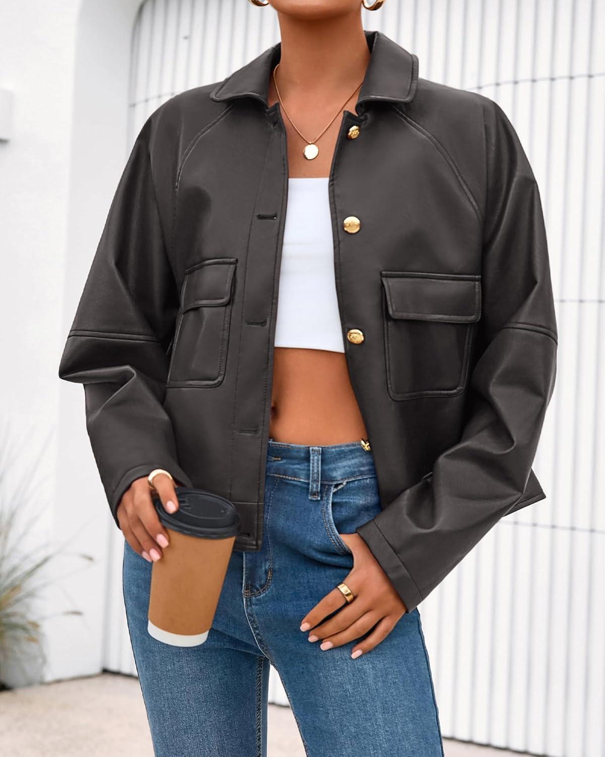 imageBTFBM Leather Jacket Women Fall Clothes 2025 Long Sleeve Button Down Winter Coats Oversized Motorcycle OutwearGrey