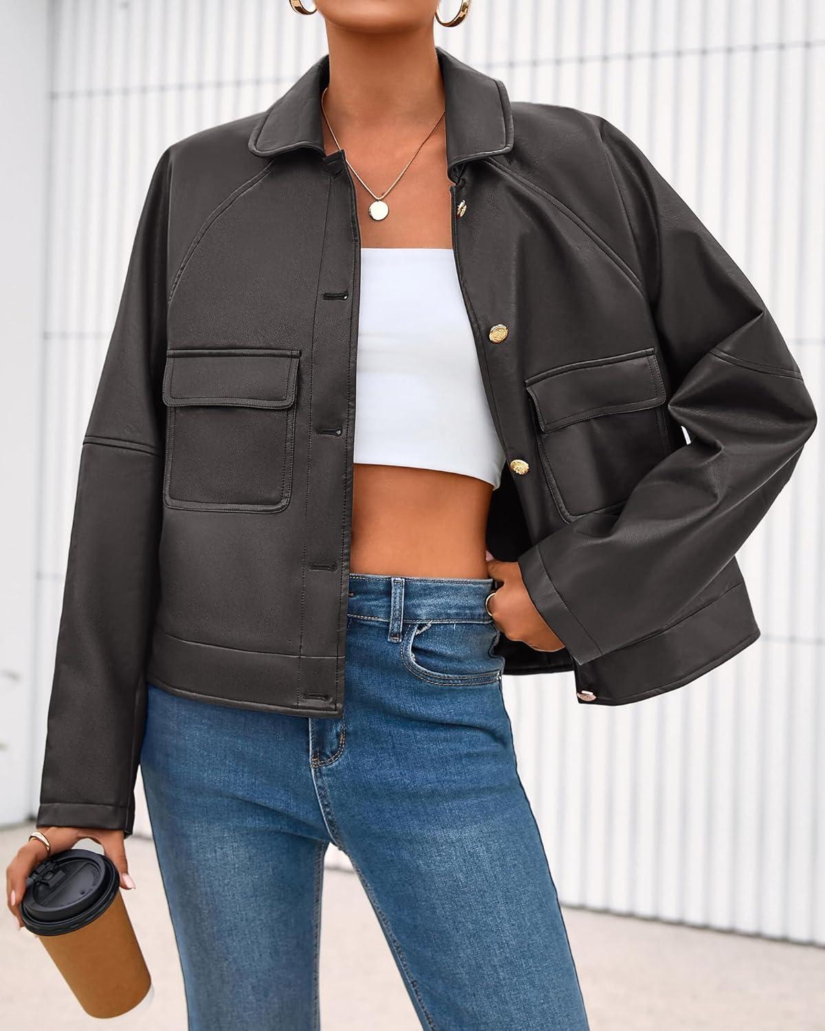 imageBTFBM Leather Jacket Women Fall Clothes 2025 Long Sleeve Button Down Winter Coats Oversized Motorcycle OutwearGrey