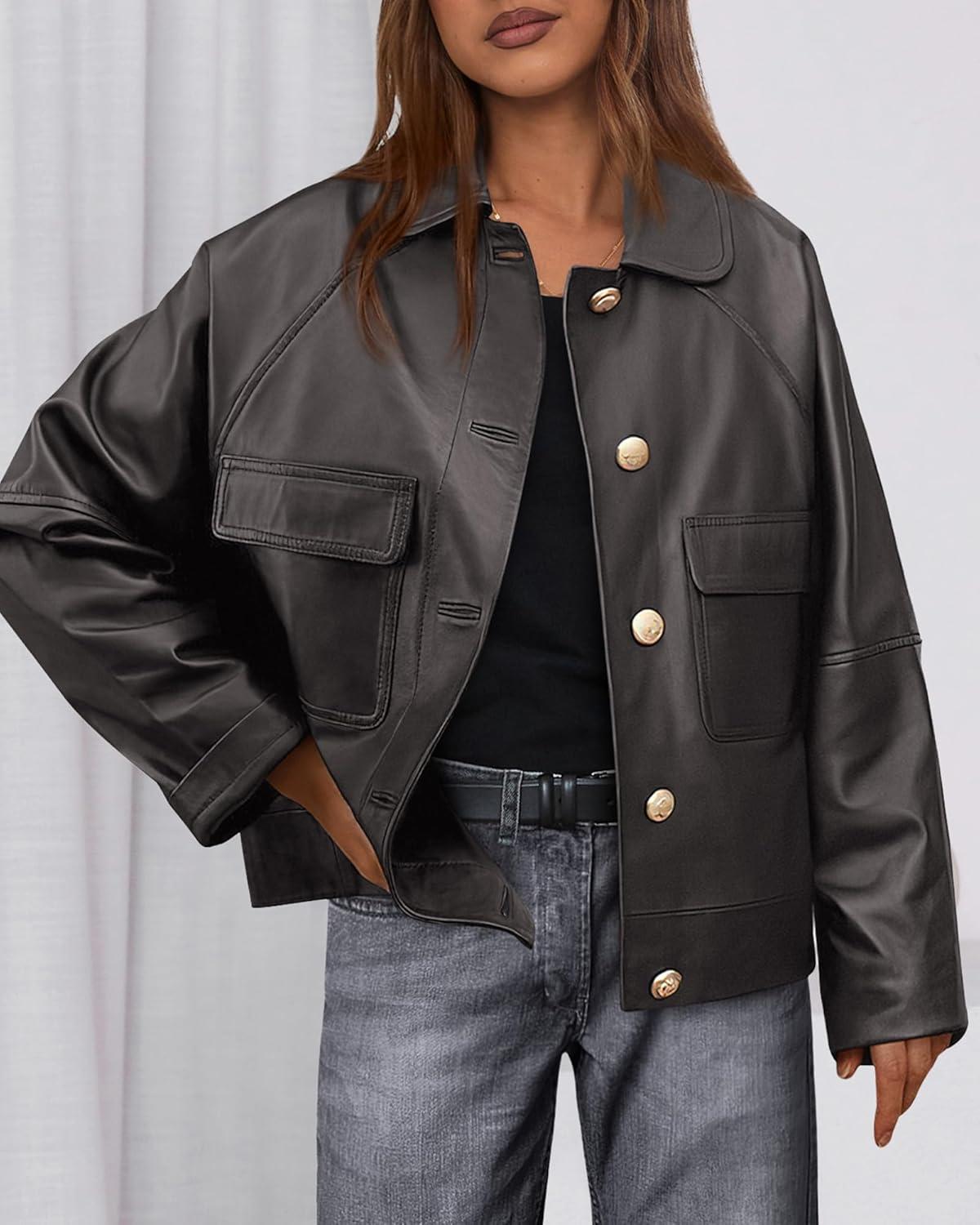 imageBTFBM Leather Jacket Women Fall Clothes 2025 Long Sleeve Button Down Winter Coats Oversized Motorcycle OutwearGrey