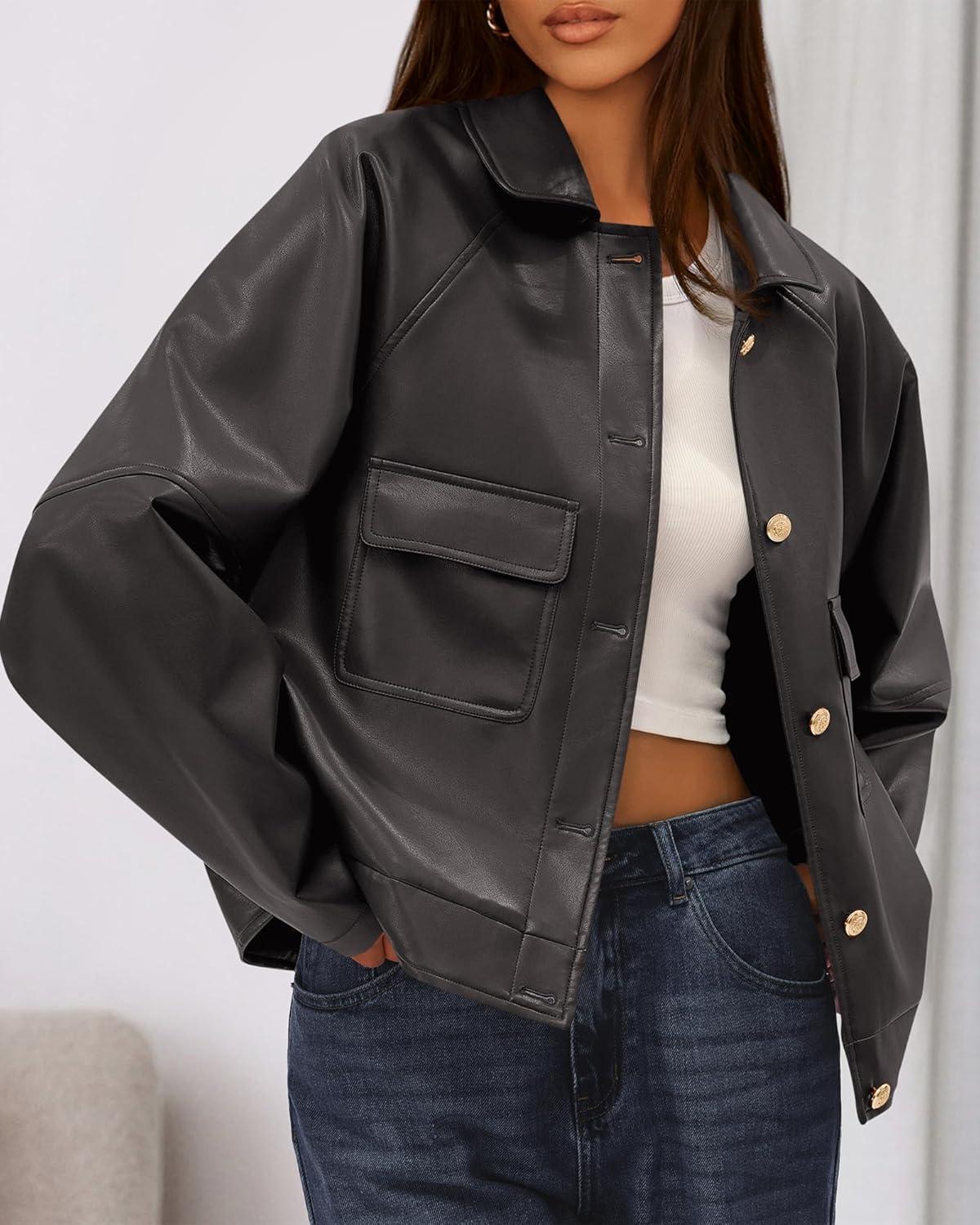 imageBTFBM Leather Jacket Women Fall Clothes 2025 Long Sleeve Button Down Winter Coats Oversized Motorcycle OutwearGrey