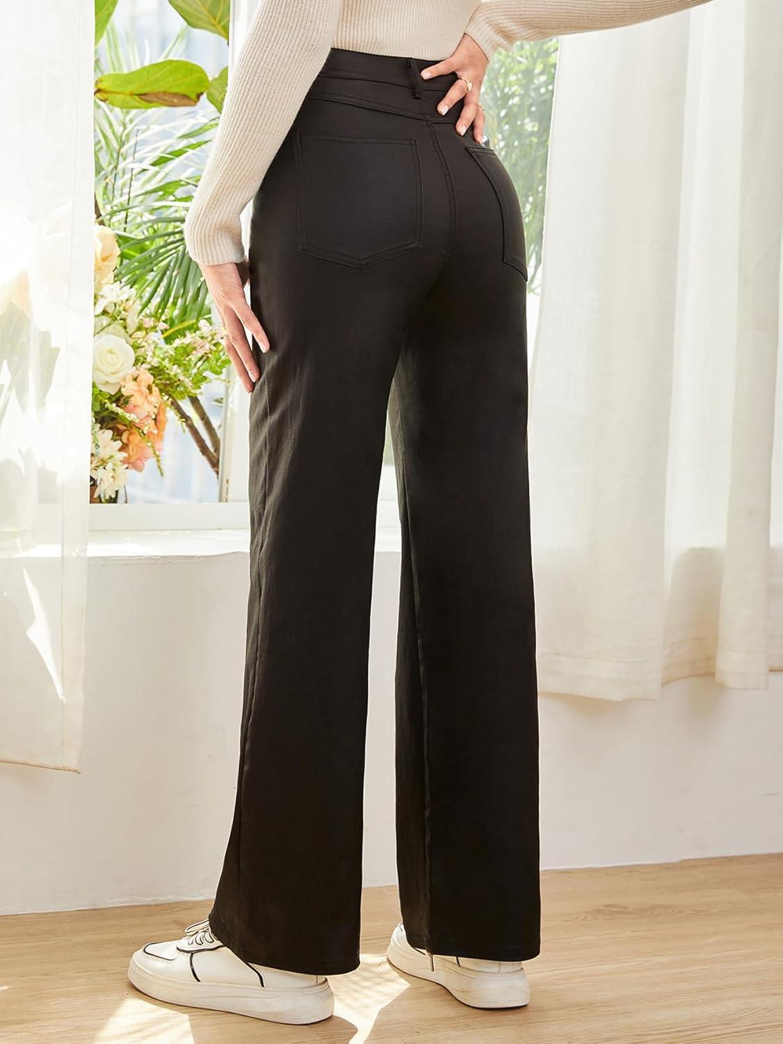 imageVerdusa Womens High Waist Leather Leggings Pocket Straight Wide Leg PU PantsBlack