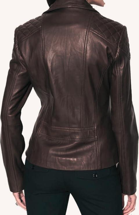imageWomens Bambert Lambskin Genuine Leather Jacket Biker JacketChocolate Brown