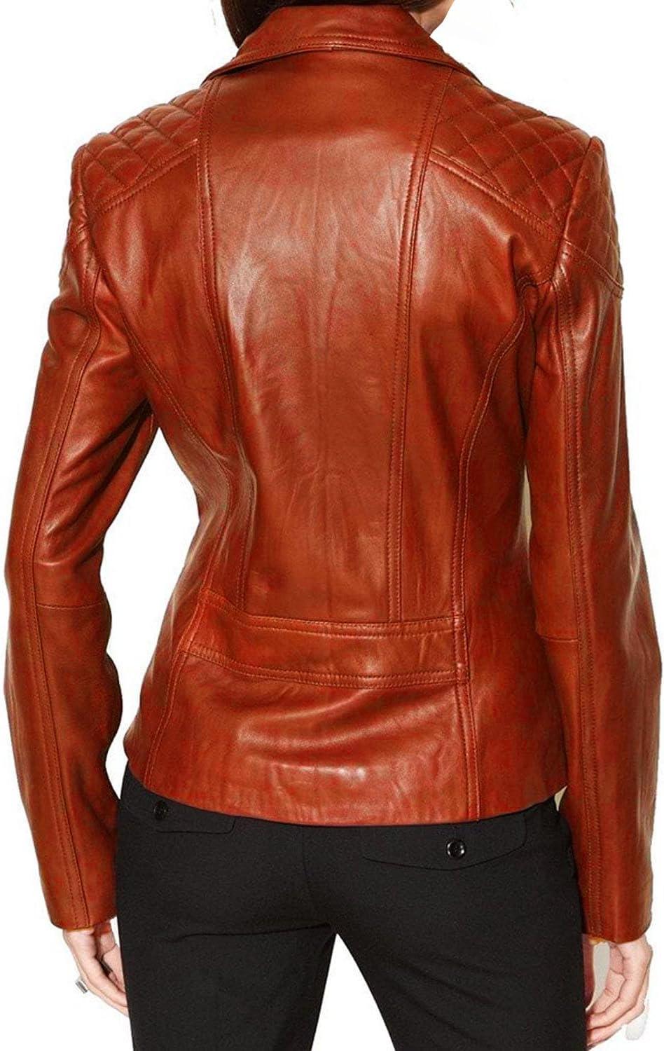 imageWomens Bambert Lambskin Genuine Leather Jacket Biker JacketNeon Orange
