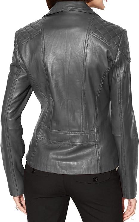 imageWomens Bambert Lambskin Genuine Leather Jacket Biker JacketSmokey Grey