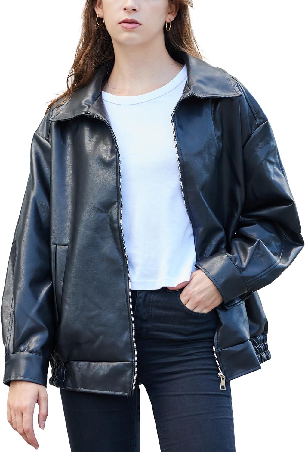 imageWomens Oversized Faux Leather Motocycle Jacket Zip Up Outwear Coat with PocketsBlack