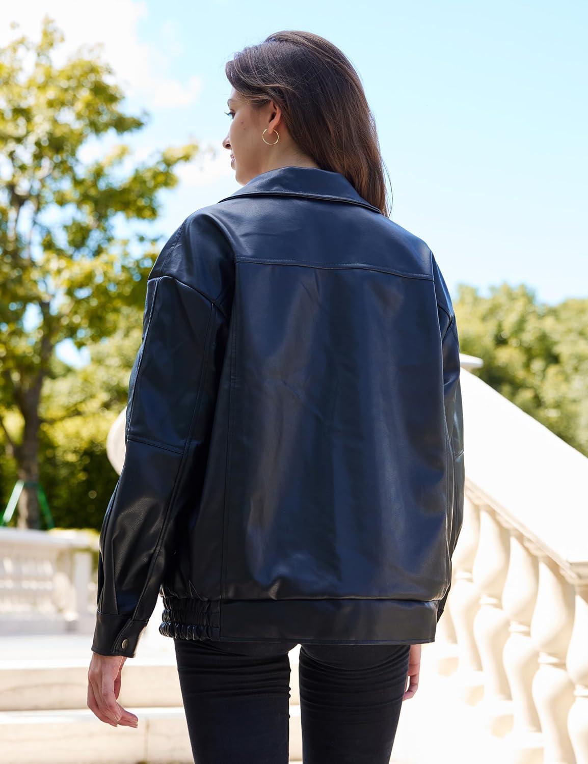 imageWomens Oversized Faux Leather Motocycle Jacket Zip Up Outwear Coat with PocketsBlack