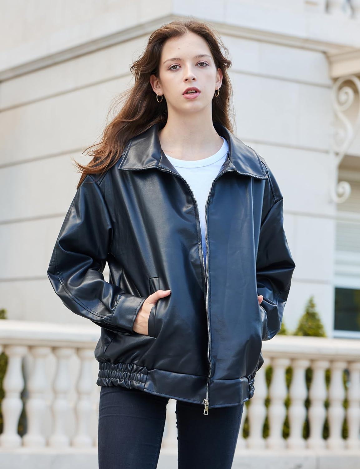 imageWomens Oversized Faux Leather Motocycle Jacket Zip Up Outwear Coat with PocketsBlack