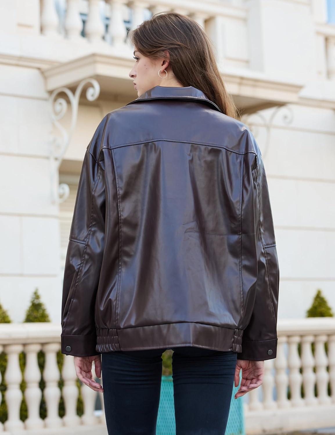 imageWomens Oversized Faux Leather Motocycle Jacket Zip Up Outwear Coat with PocketsDark Brown