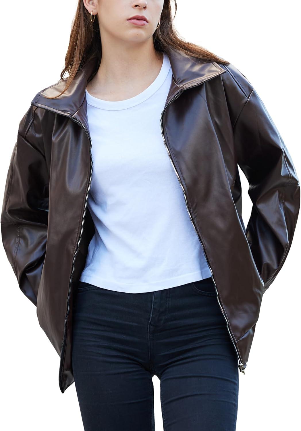 imageWomens Oversized Faux Leather Motocycle Jacket Zip Up Outwear Coat with PocketsDark Brown