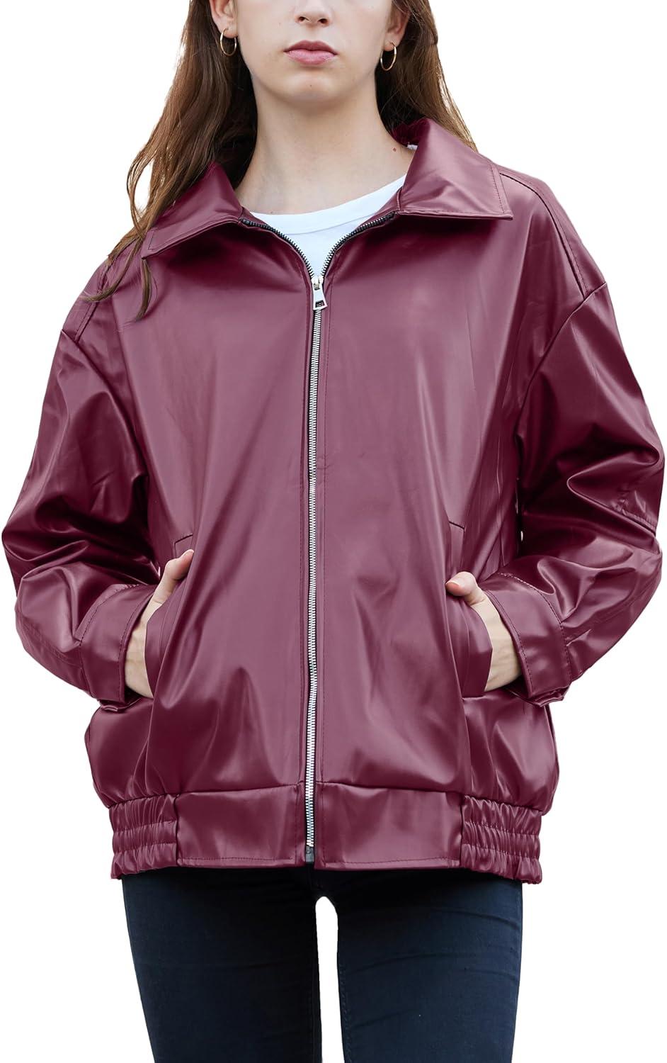 imageWomens Oversized Faux Leather Motocycle Jacket Zip Up Outwear Coat with PocketsWine Red