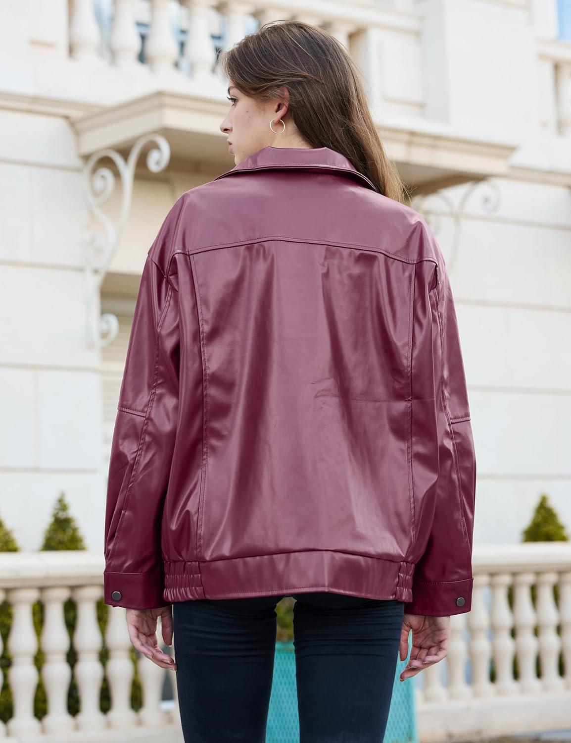 imageWomens Oversized Faux Leather Motocycle Jacket Zip Up Outwear Coat with PocketsWine Red