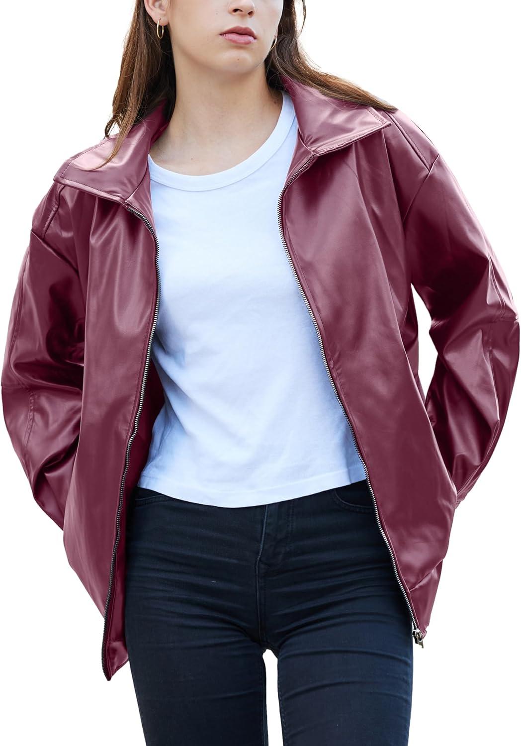 imageWomens Oversized Faux Leather Motocycle Jacket Zip Up Outwear Coat with PocketsWine Red