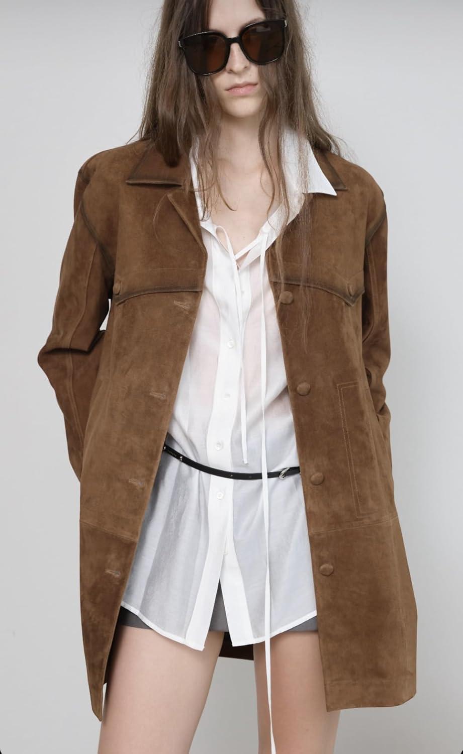 imagechouyatou Womens 2025 Retro Faux Suede Leather Shacket Jacket Lapel Collar Mid Long Jacket CoatBrown