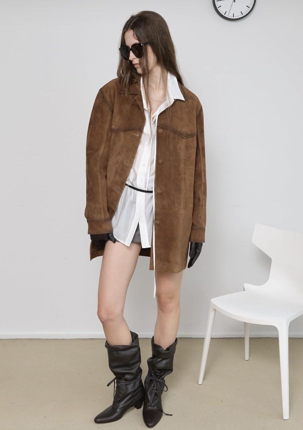imagechouyatou Womens 2025 Retro Faux Suede Leather Shacket Jacket Lapel Collar Mid Long Jacket CoatBrown