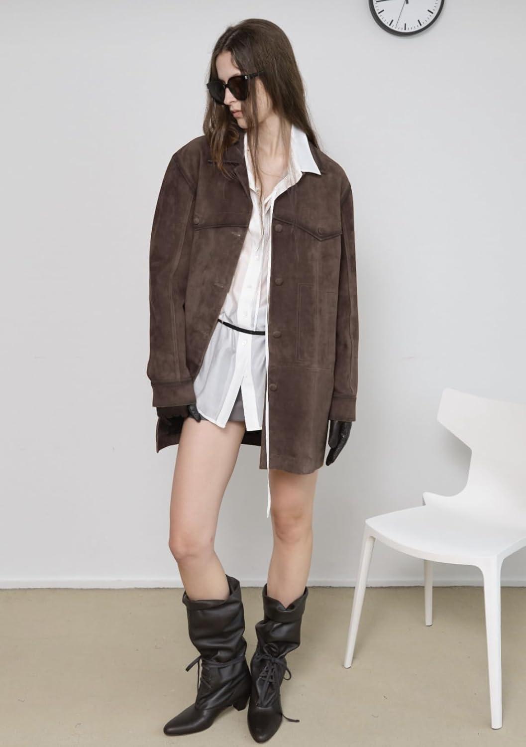 imagechouyatou Womens 2025 Retro Faux Suede Leather Shacket Jacket Lapel Collar Mid Long Jacket CoatCoffee