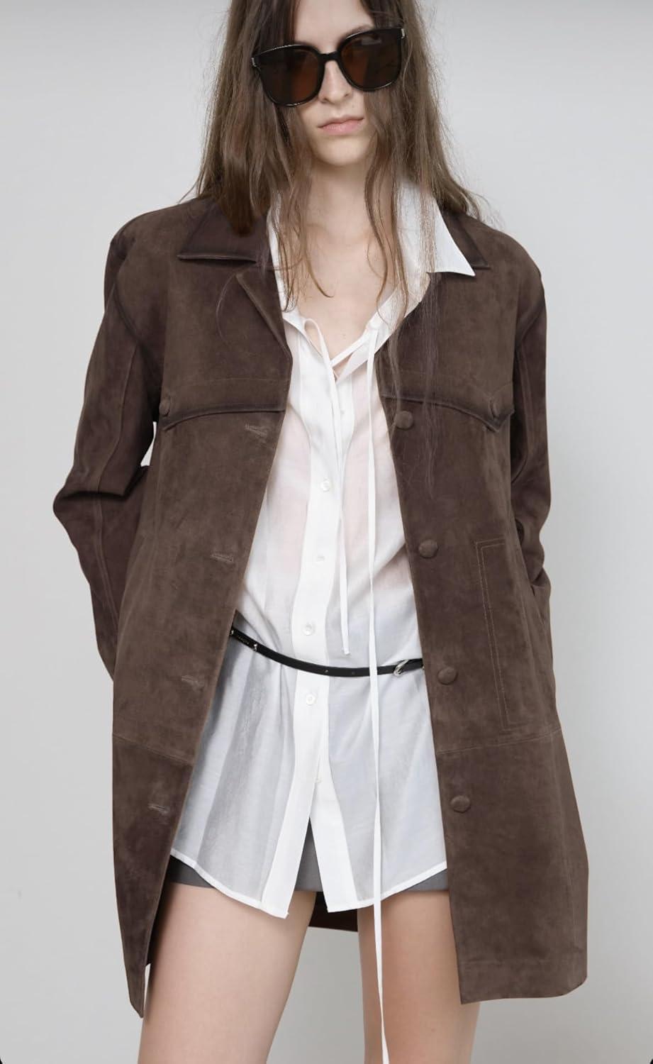 imagechouyatou Womens 2025 Retro Faux Suede Leather Shacket Jacket Lapel Collar Mid Long Jacket CoatCoffee