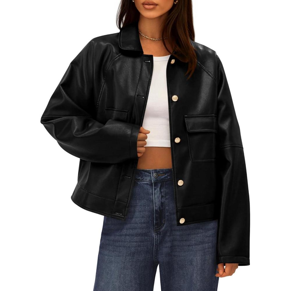 imageBTFBM Leather Jacket Women Fall Clothes 2025 Long Sleeve Button Down Winter Coats Oversized Motorcycle OutwearBlack