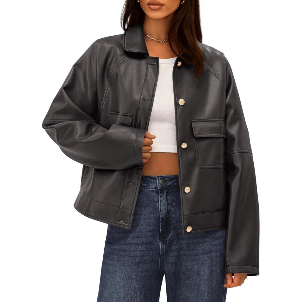 imageBTFBM Leather Jacket Women Fall Clothes 2025 Long Sleeve Button Down Winter Coats Oversized Motorcycle OutwearGrey