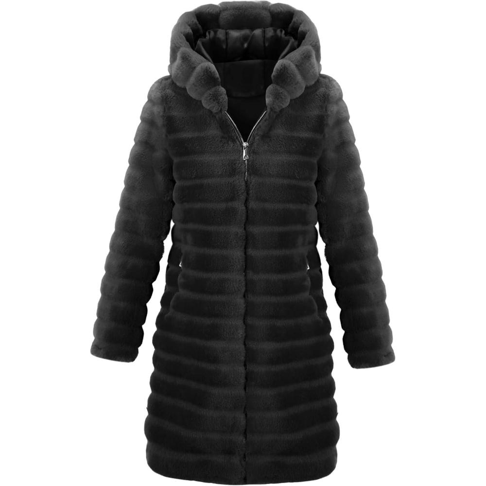 imageRISISSIDA Women Long Faux Fur Coat Fuzzy Jacket Hooded Winter Fall Warm Overcoat
