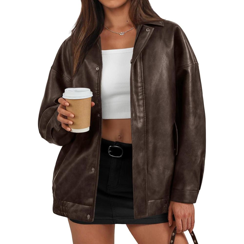 imageTrendy Queen Womens Oversized Faux Leather Jackets  Textured Bomber Moto Style Zip Up Coats for Fall Winter SpringBrown