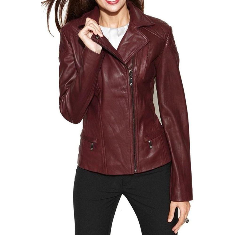 imageWomens Bambert Lambskin Genuine Leather Jacket Biker JacketBambert Burgundy