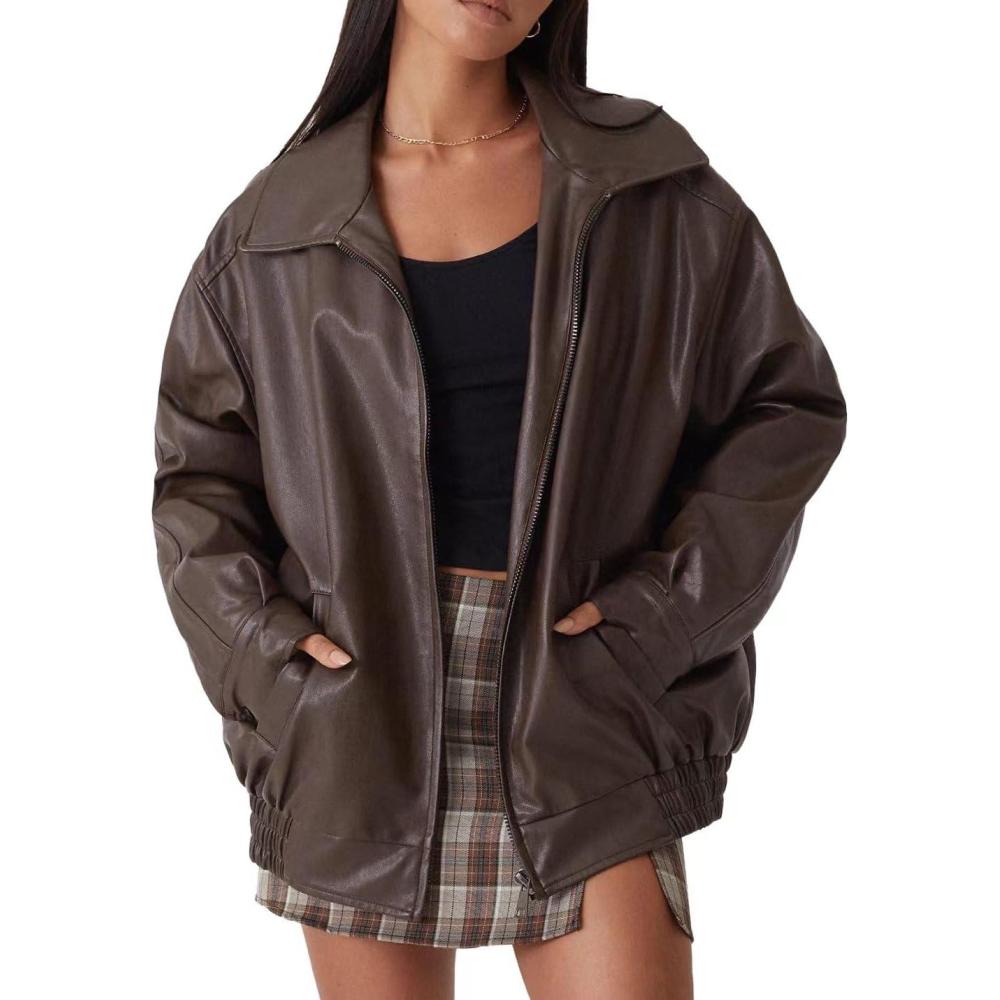 imageWomens Oversized Faux Leather Motocycle Jacket Zip Up Outwear Coat with PocketsDark Brown