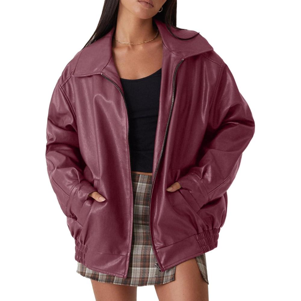 imageWomens Oversized Faux Leather Motocycle Jacket Zip Up Outwear Coat with PocketsWine Red