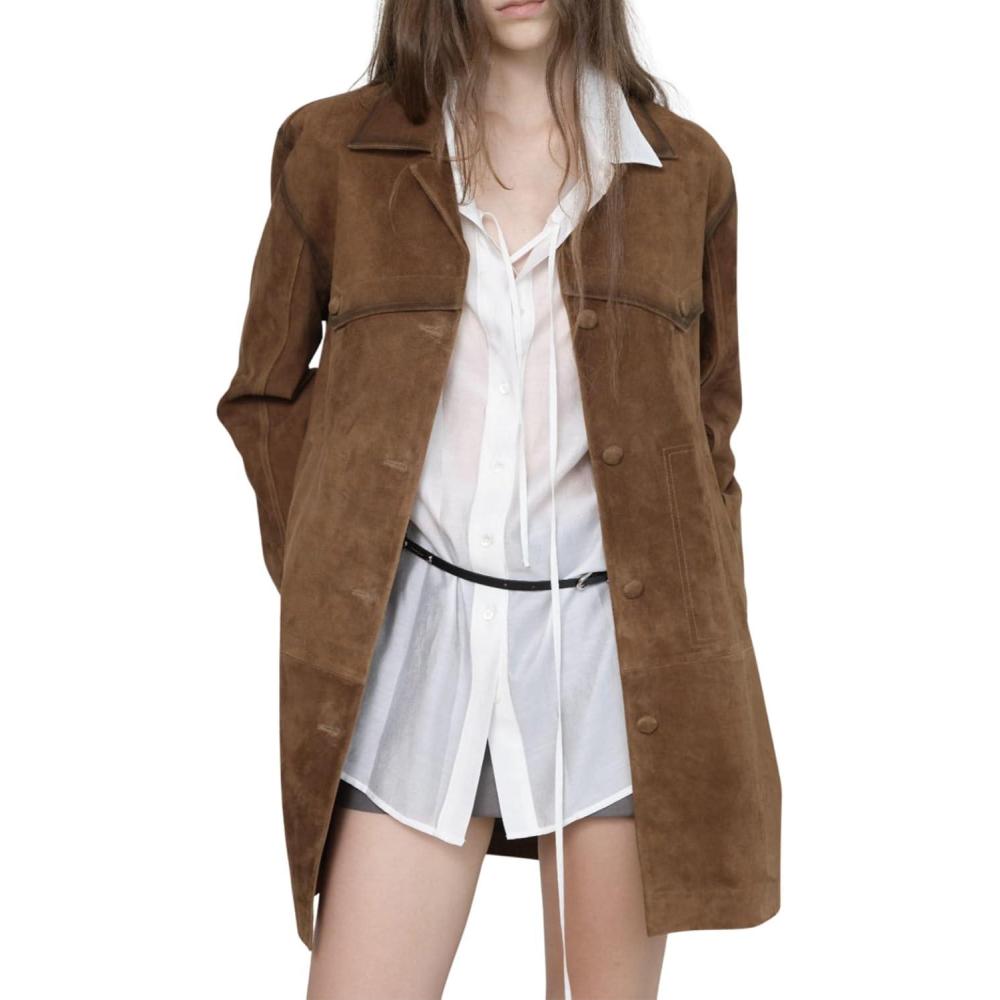 imagechouyatou Womens 2025 Retro Faux Suede Leather Shacket Jacket Lapel Collar Mid Long Jacket CoatBrown