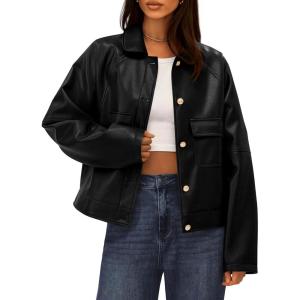 BTFBM Leather Jacket Women Fall Clothes 2025 Long Sleeve Button Down Winter Coats Oversized Motorcycle Outwear(Black)