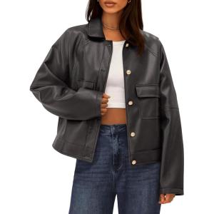 BTFBM Leather Jacket Women Fall Clothes 2025 Long Sleeve Button Down Winter Coats Oversized Motorcycle Outwear(Grey)