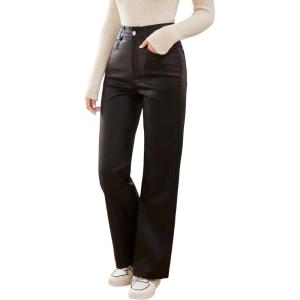 Verdusa Women’s High Waist Leather Leggings Pocket Straight Wide Leg PU Pants(Black)
