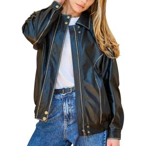 Vintage Distressed Faux Leather Jacket for Women – Oversized Bomber & Motorcycle Style, Fake Leather Biker Jacket (Black)