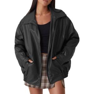 Womens Oversized Faux Leather Motocycle Jacket Zip Up Outwear Coat with Pockets(Black)