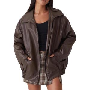 Womens Oversized Faux Leather Motocycle Jacket Zip Up Outwear Coat with Pockets(Dark Brown)