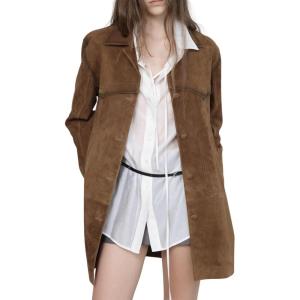 chouyatou Women’s 2025 Retro Faux Suede Leather Shacket Jacket Lapel Collar Mid Long Jacket Coat(Brown)