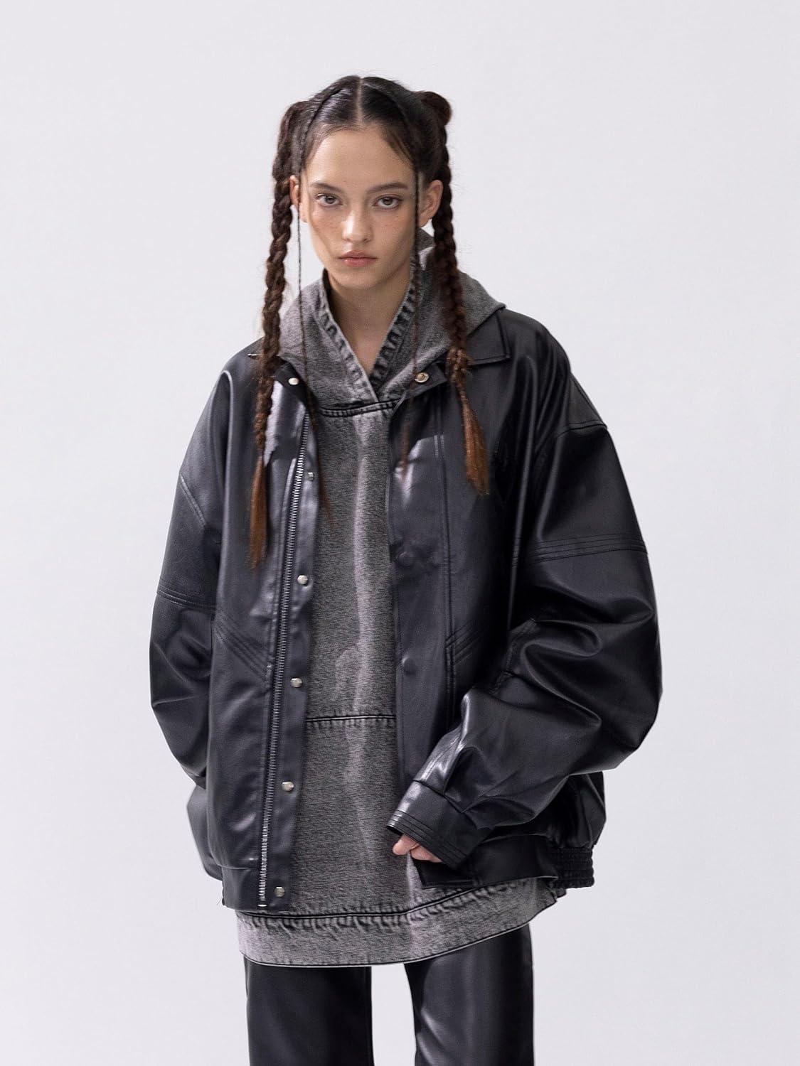 imageAelfric Eden Womens Faux Leather Jacket Y2k Motorcycle Bomber Jackets Oversized Moto Jacket StreetwearBlack