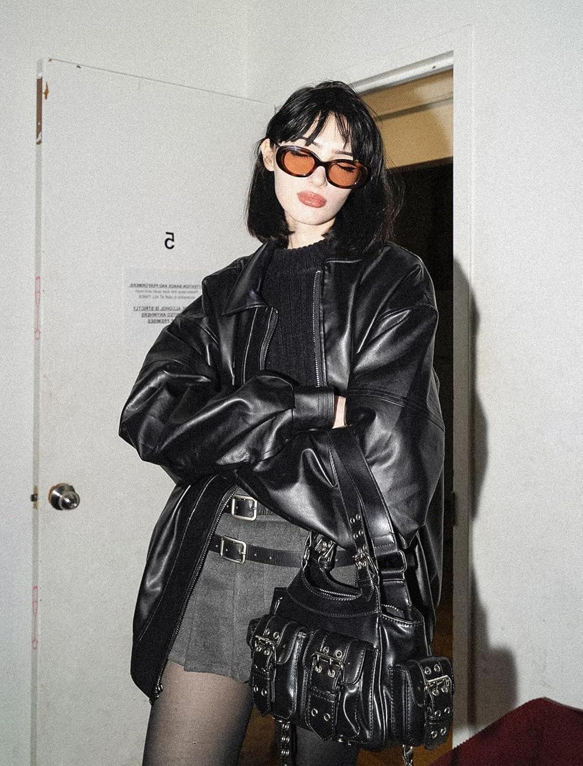 imageAelfric Eden Womens Faux Leather Jacket Y2k Motorcycle Bomber Jackets Oversized Moto Jacket StreetwearBlack