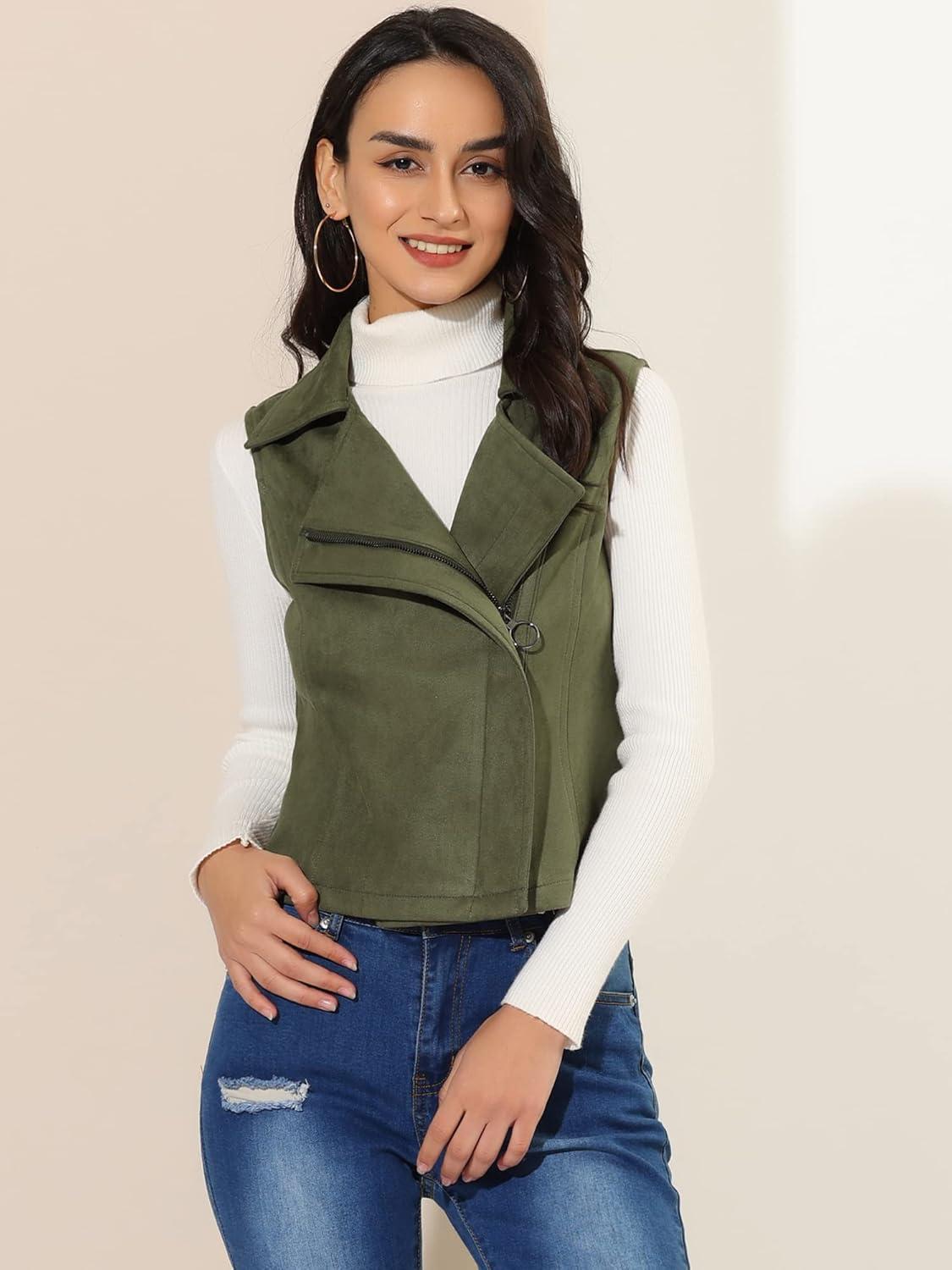 imageAllegra K Womens Faux Suede Vest Casual Sleeveless Biker JacketArmy Green