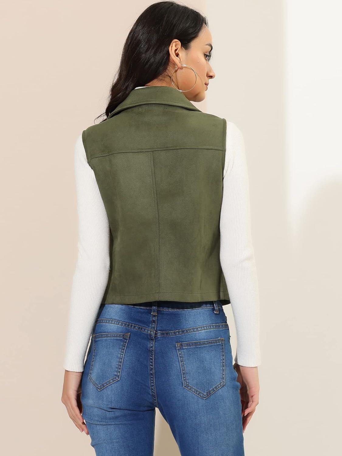 imageAllegra K Womens Faux Suede Vest Casual Sleeveless Biker JacketArmy Green