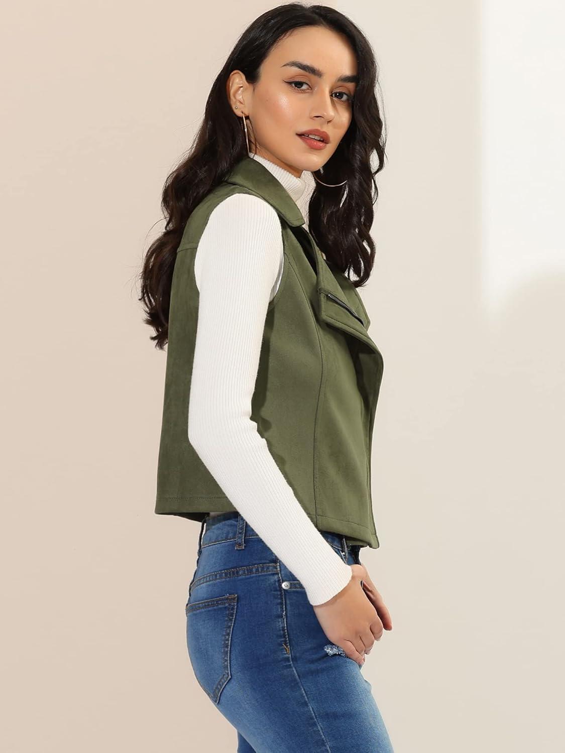 imageAllegra K Womens Faux Suede Vest Casual Sleeveless Biker JacketArmy Green