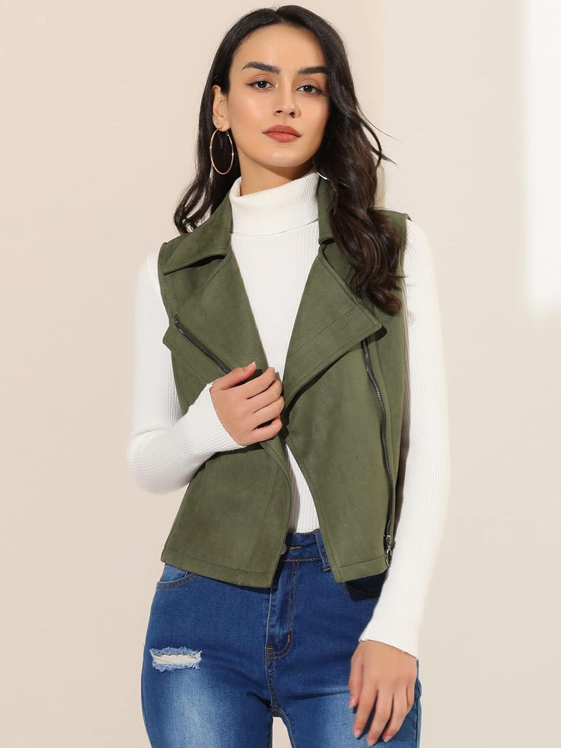 imageAllegra K Womens Faux Suede Vest Casual Sleeveless Biker JacketArmy Green