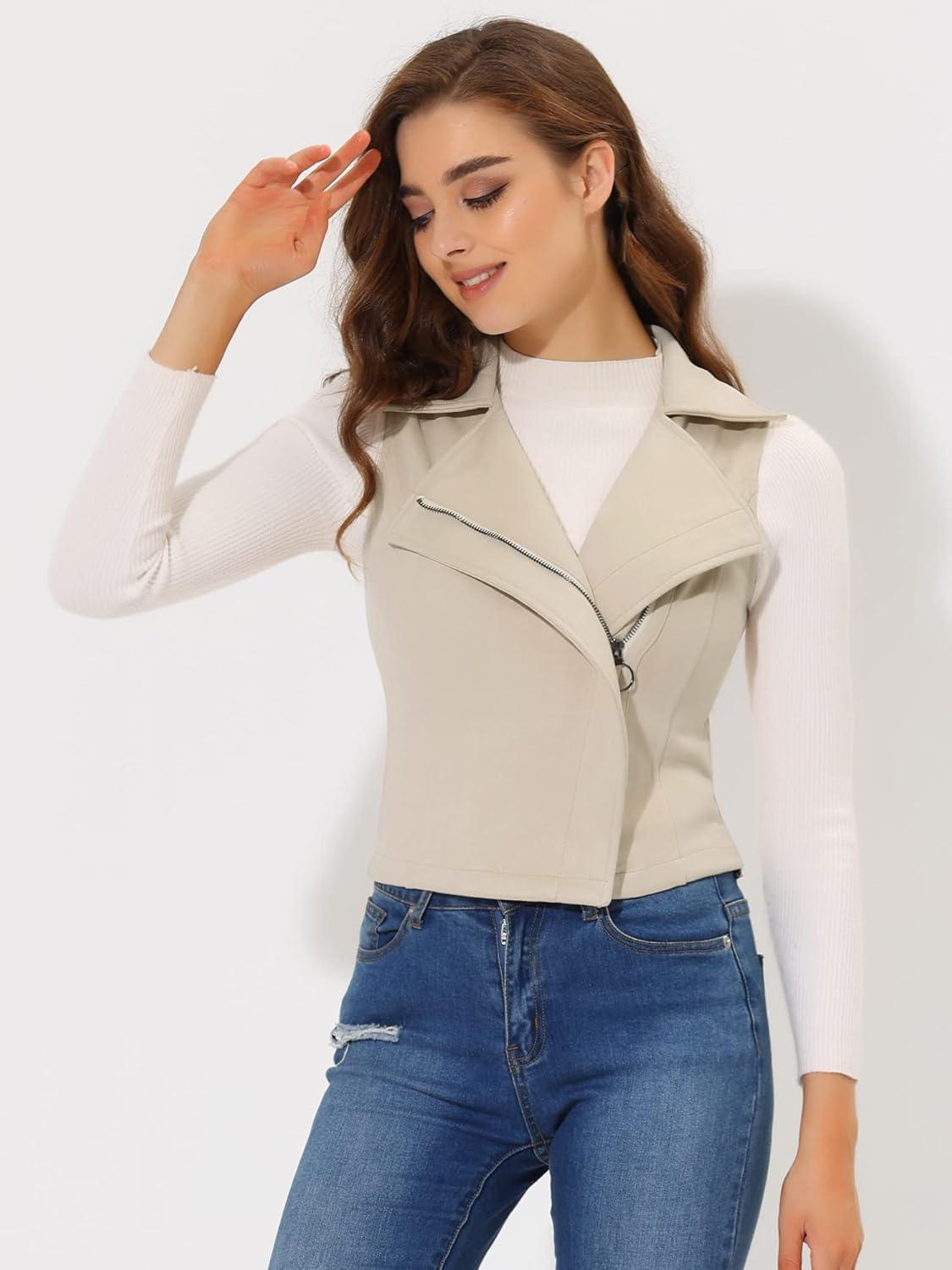 imageAllegra K Womens Faux Suede Vest Casual Sleeveless Biker JacketBeige