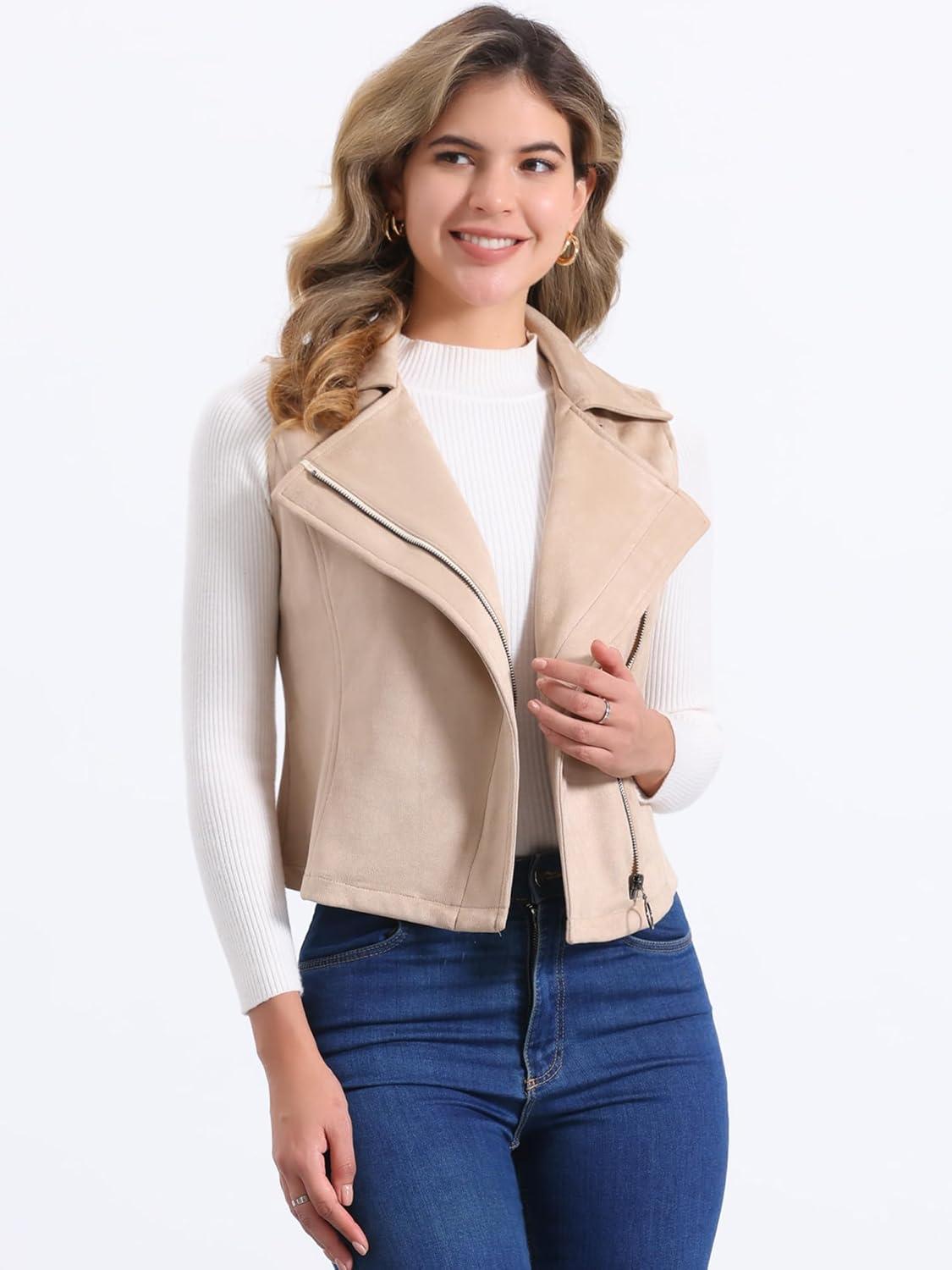 imageAllegra K Womens Faux Suede Vest Casual Sleeveless Biker JacketBrown