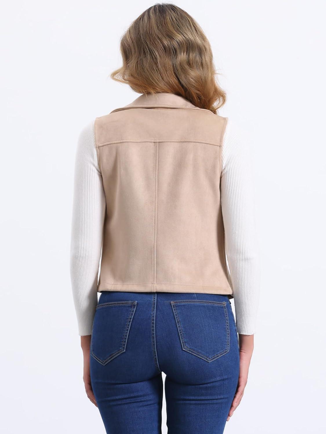 imageAllegra K Womens Faux Suede Vest Casual Sleeveless Biker JacketBrown