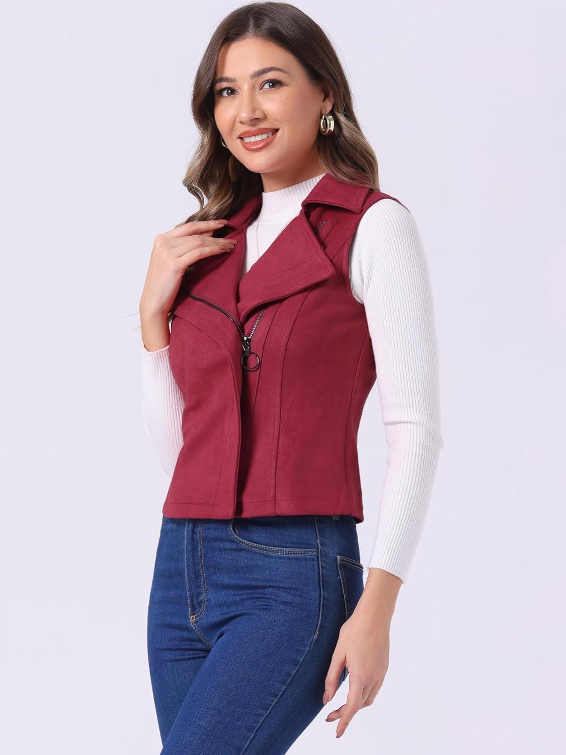 imageAllegra K Womens Faux Suede Vest Casual Sleeveless Biker JacketBurgundy