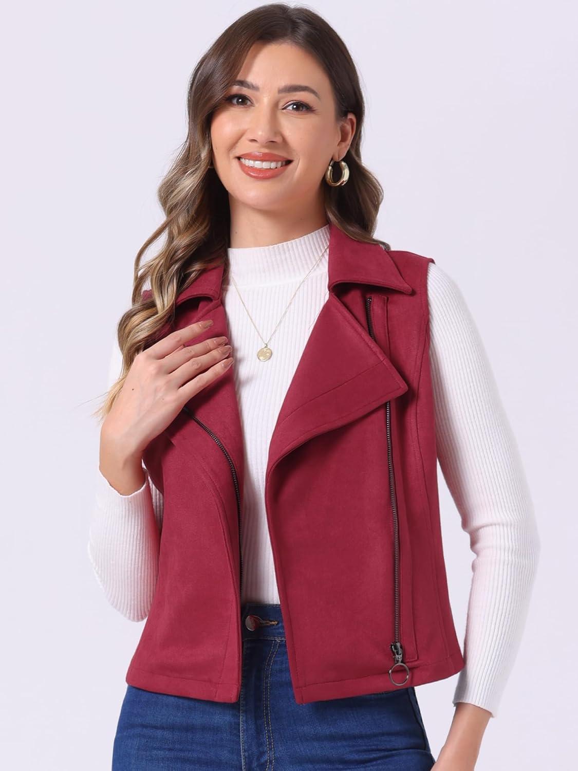 imageAllegra K Womens Faux Suede Vest Casual Sleeveless Biker JacketBurgundy