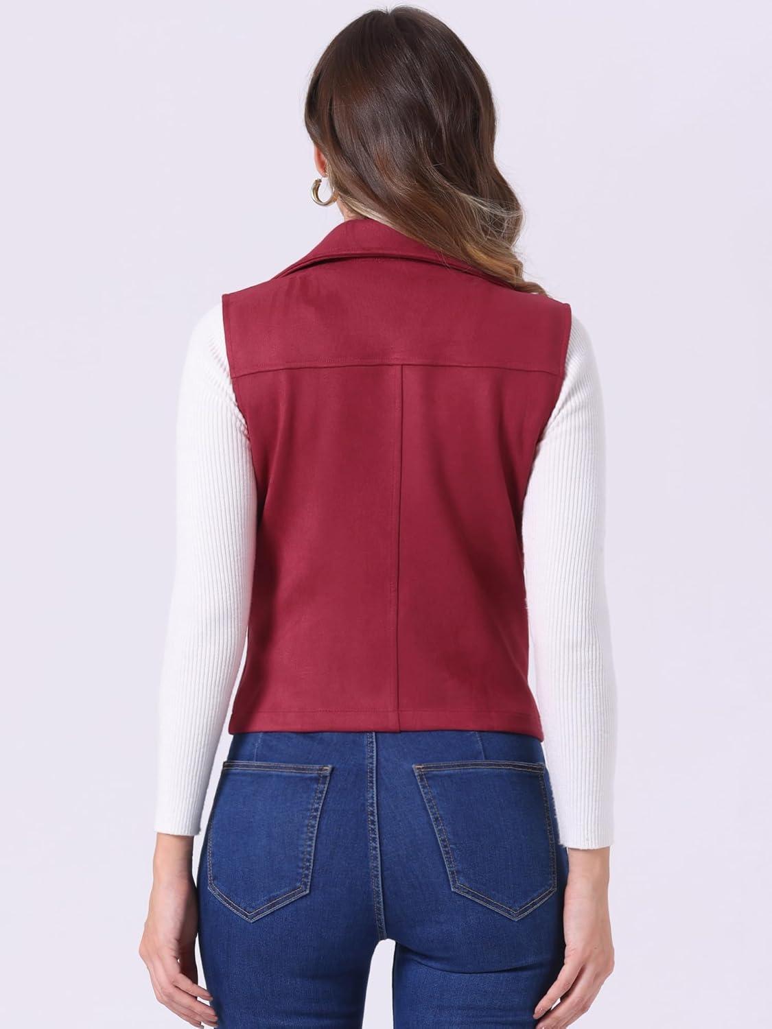 imageAllegra K Womens Faux Suede Vest Casual Sleeveless Biker JacketBurgundy