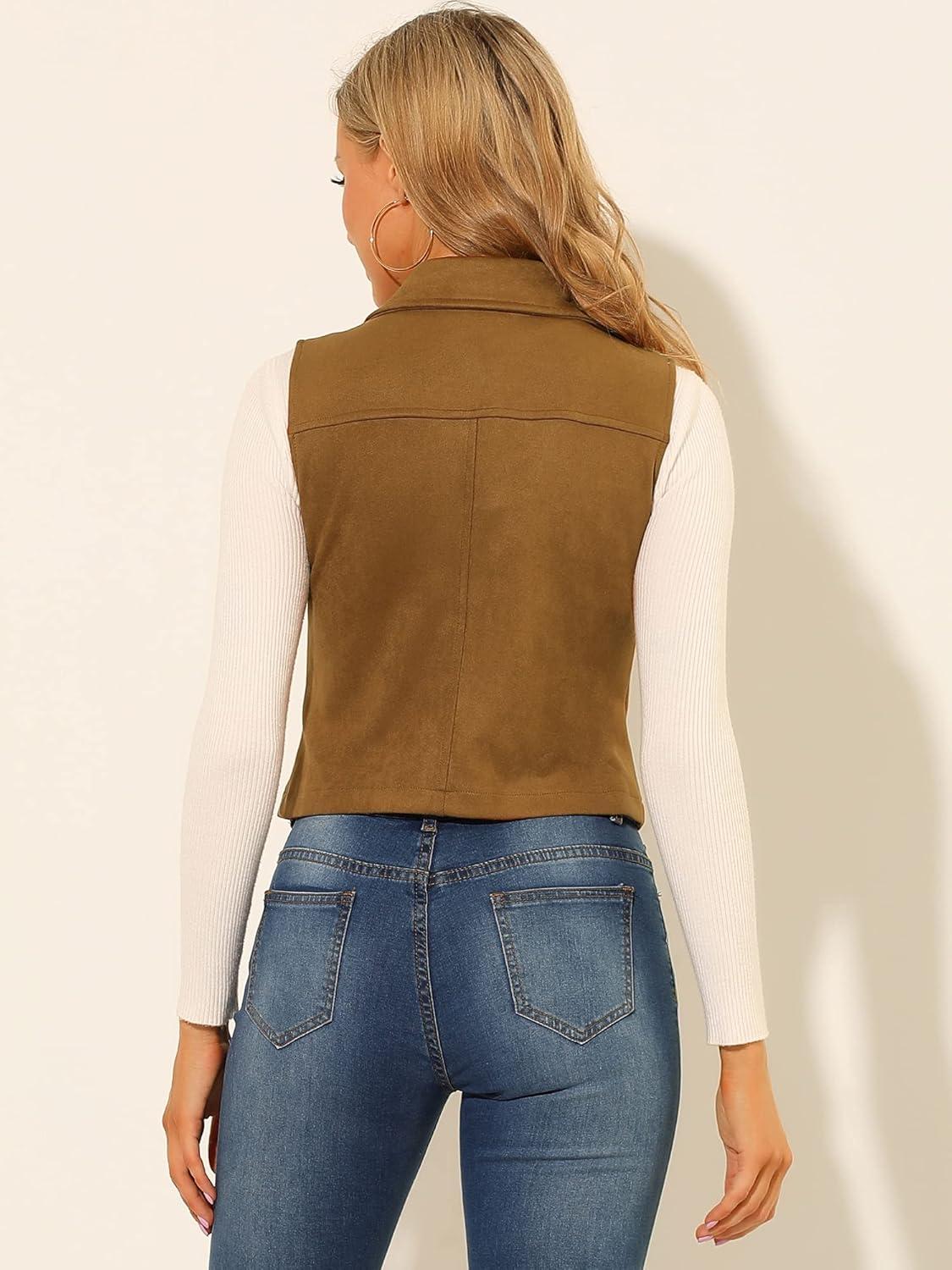 imageAllegra K Womens Faux Suede Vest Casual Sleeveless Biker JacketCamel