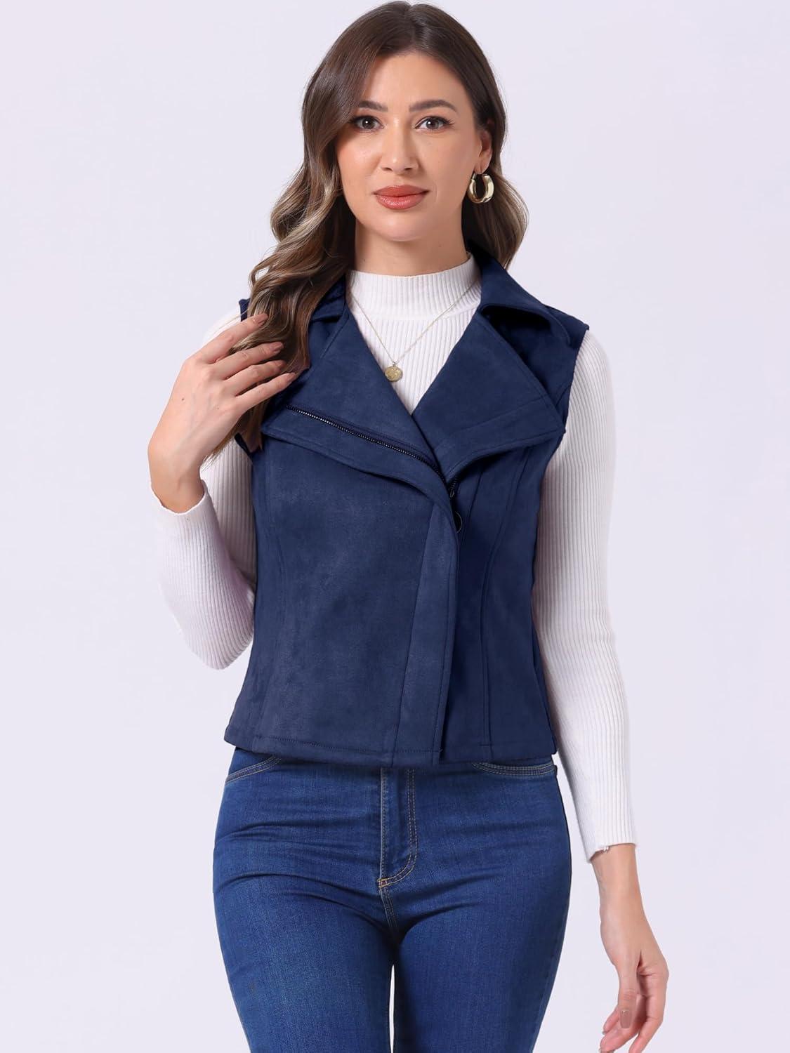 imageAllegra K Womens Faux Suede Vest Casual Sleeveless Biker JacketDark Blue